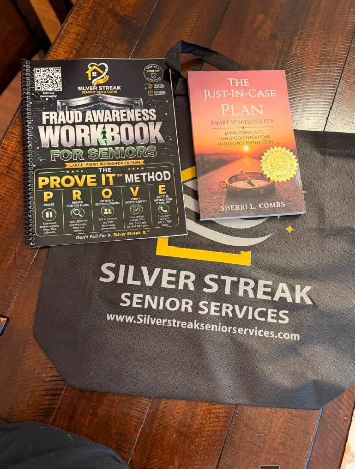The Fraud Awareness Workbook and The Just-in-Case Plan book with a Silver Streak tote.